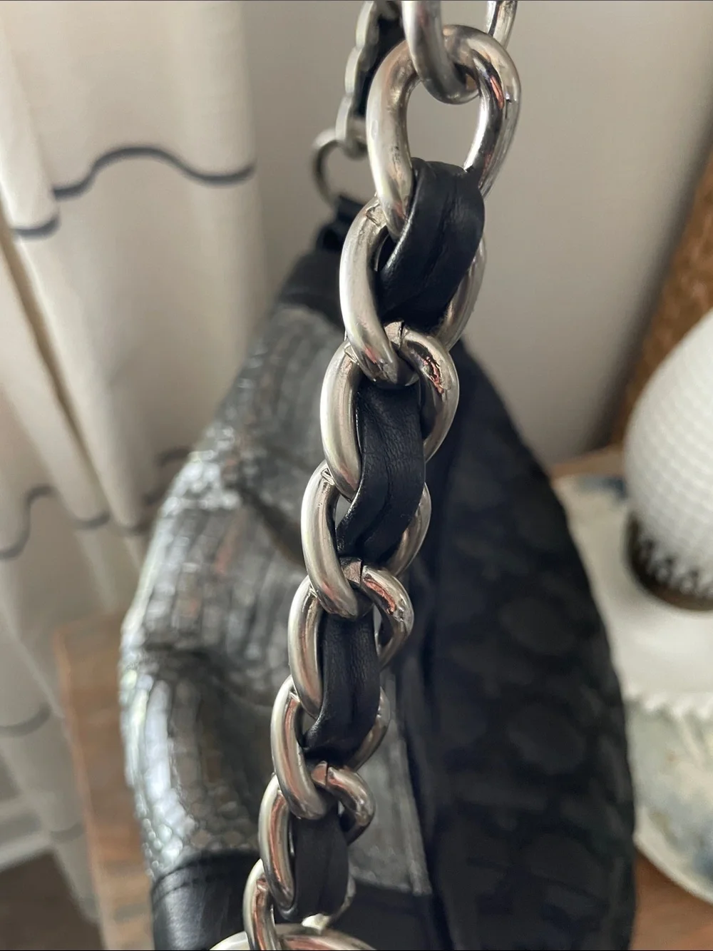 Chi by Carlos Falchi Black Leather Shoulder Bag with Silver Snake-Print Flap